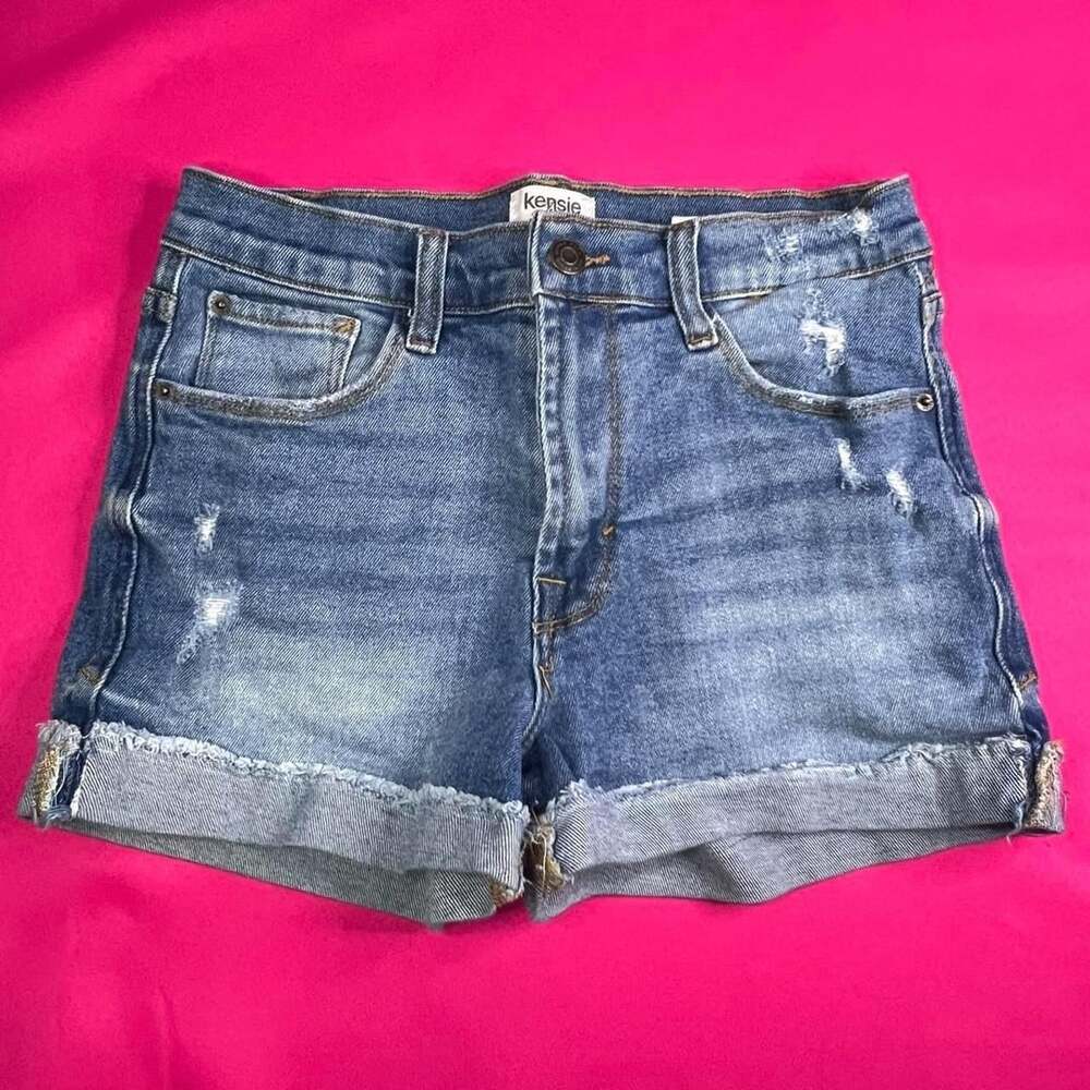 kensie The High Rise Short Size 4/27 Blue Denim Distressed Rolled Hem